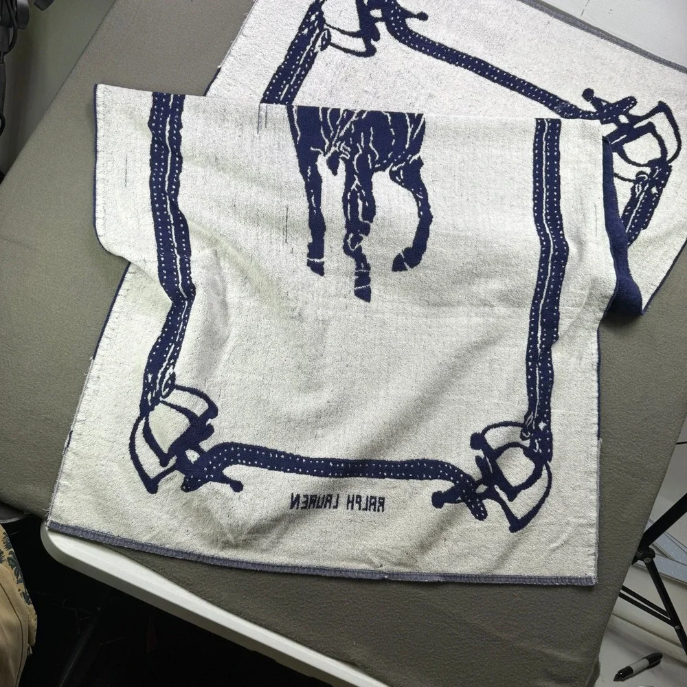 Vintage Ralph Lauren Polo Player Beach Towel Unisex 69x36 Navy Blue Cotton